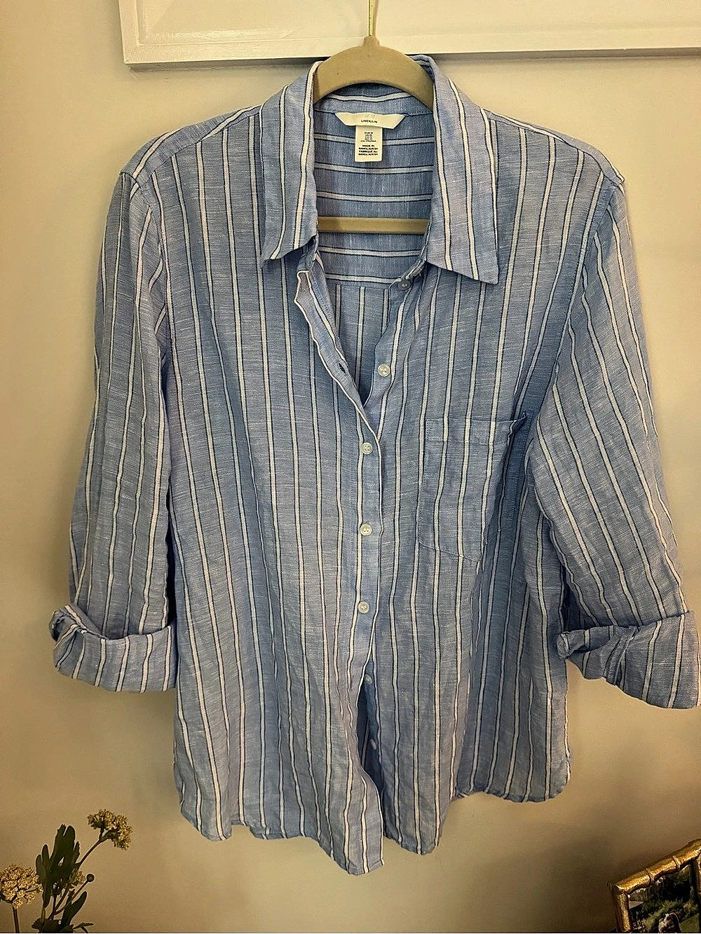 H&M Linen Striped Shirt Blue & White Size Medium